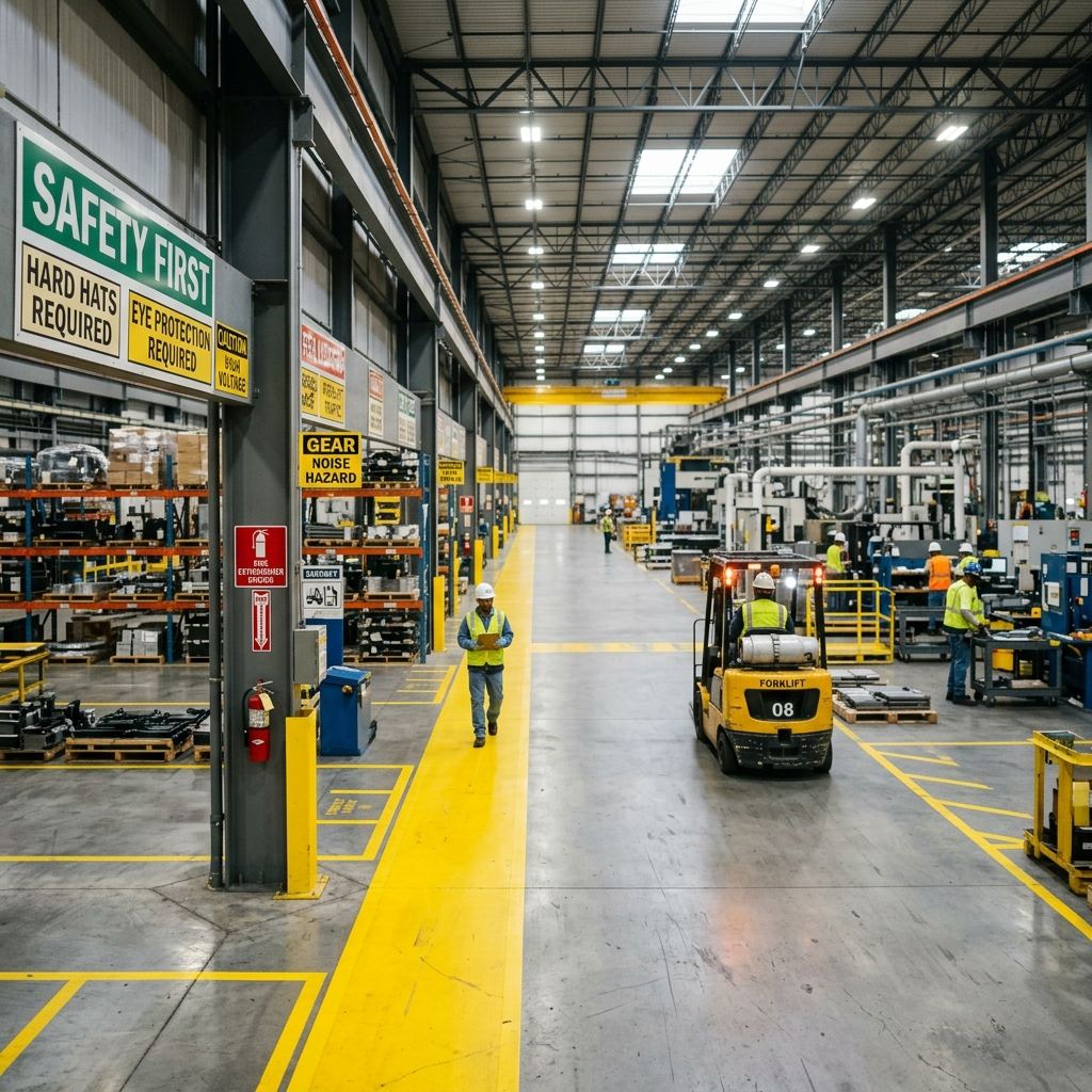 Armazém industrial com sinalização de segurança em conformidade com as normas ABNT e NR